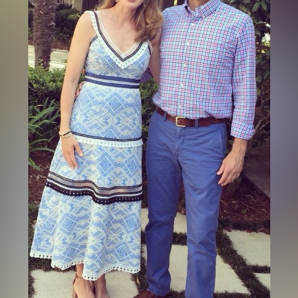 GIANNI BINI Mona Tiered Crochet Lace Blue & White Midi Dress - Picture 5 of 15